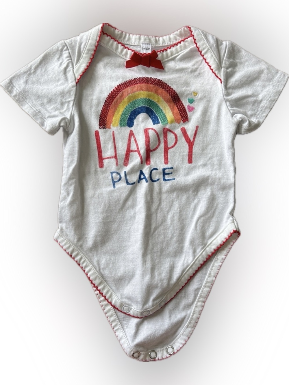 White Short-Sleeve Bodysuit with Rainbow and Red Trim